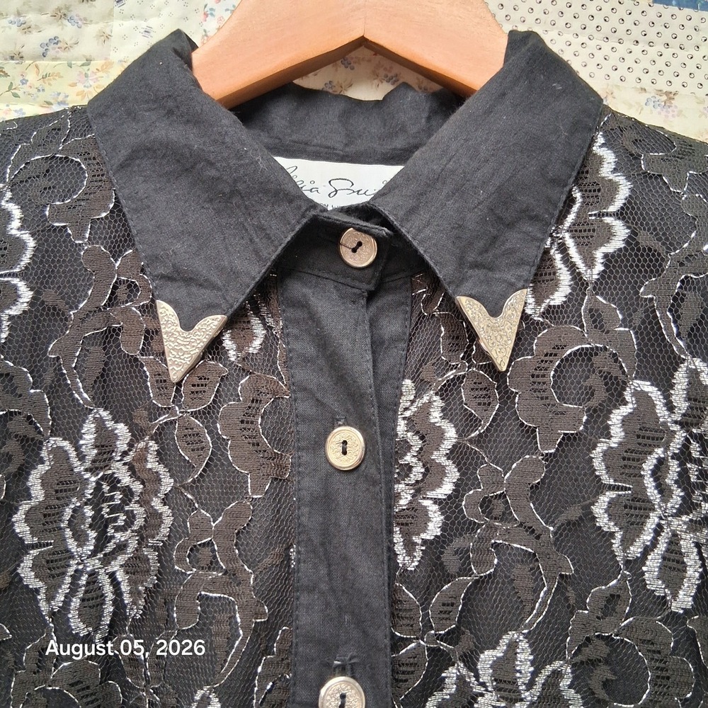 Vintage 80s Lilia Smith Dress Womens Large Black Lace Fringe Western Rodeo Maxi - Picture 3 of 12